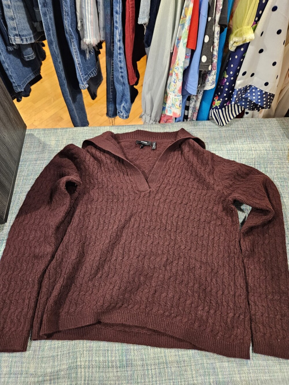 Theory Wool/Cashmere Blend Cable Knit Draped Collar Sweater In Wine *Has Pilling